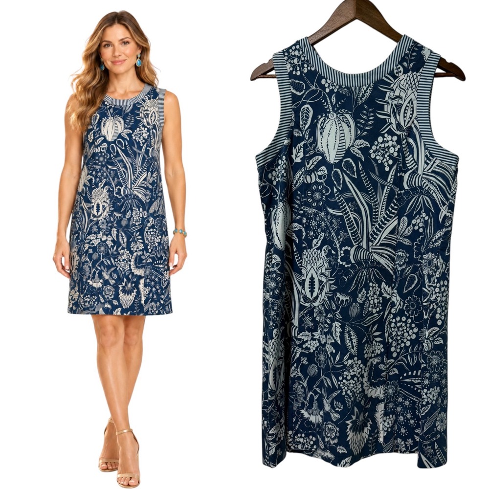 Gretchen Scott Dress Womens L Blue Floral Botanical Sleeveless Shift Pockets